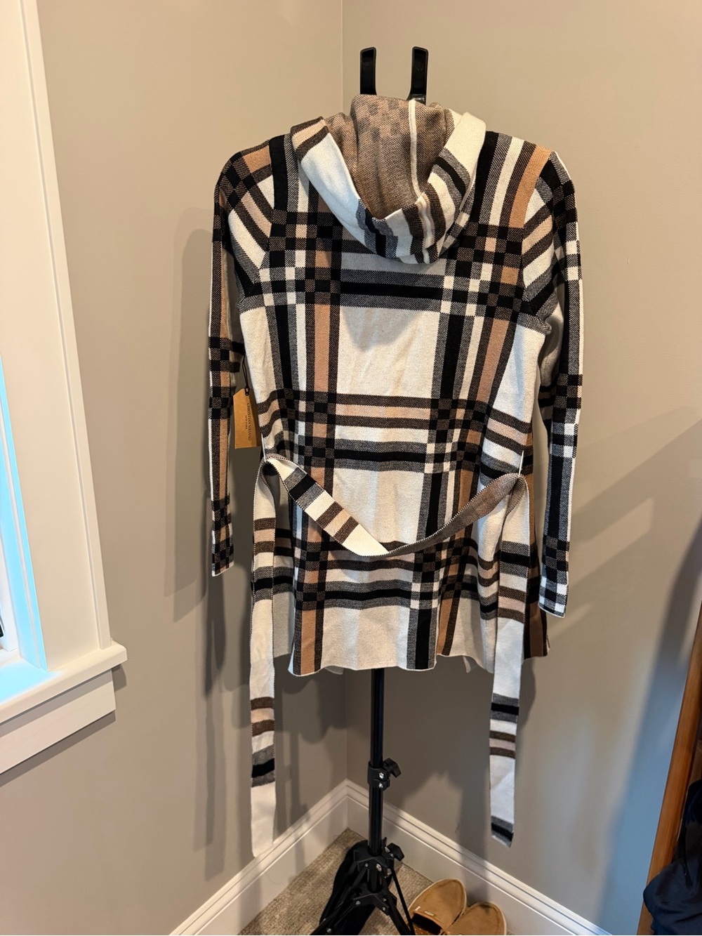 Christian Siriano Plaid Hooded Trench Coat in Cream, Black & Brown - Picture 5 of 5